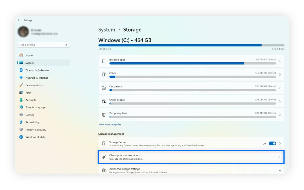 A screenshot showing where to find Disk Cleanup options under your Windows storage information.