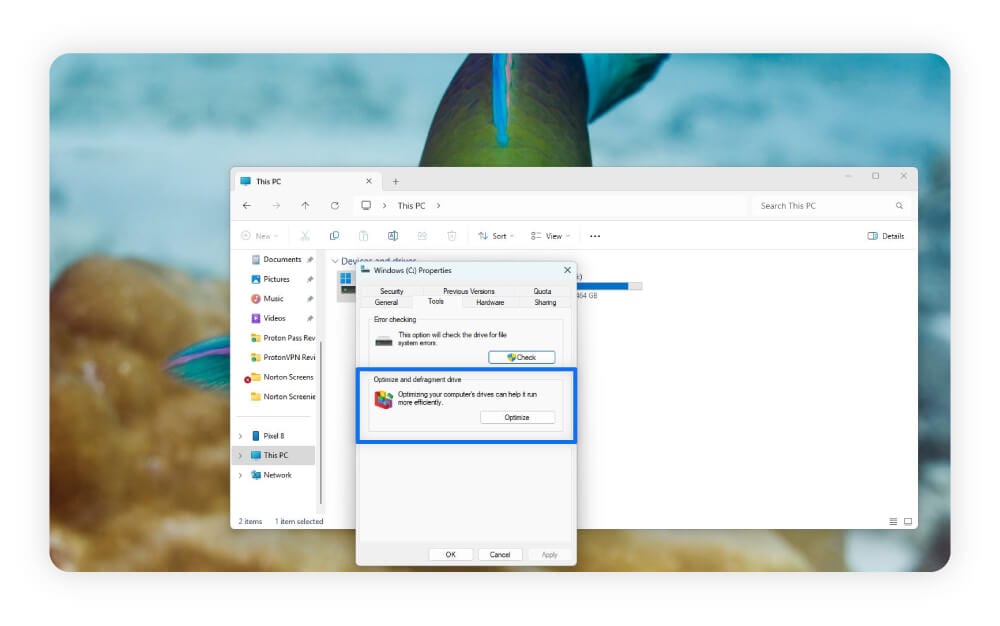 A screenshot showing how to defragment your disk in Windows.