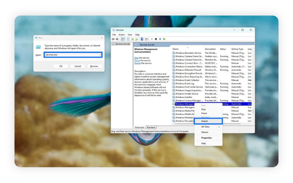 A screenshot showing how to restart WMI.