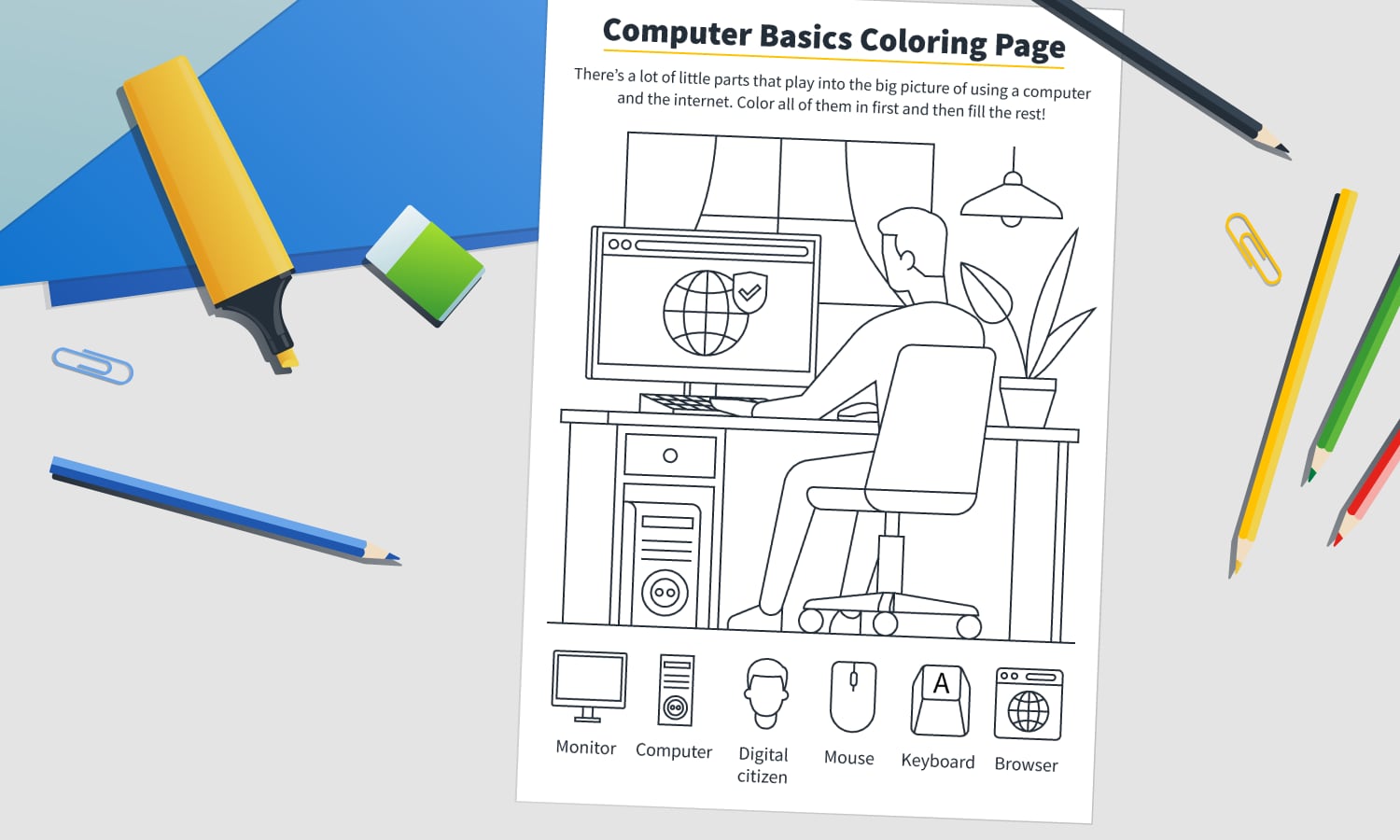 Mockup computer basics coloring page