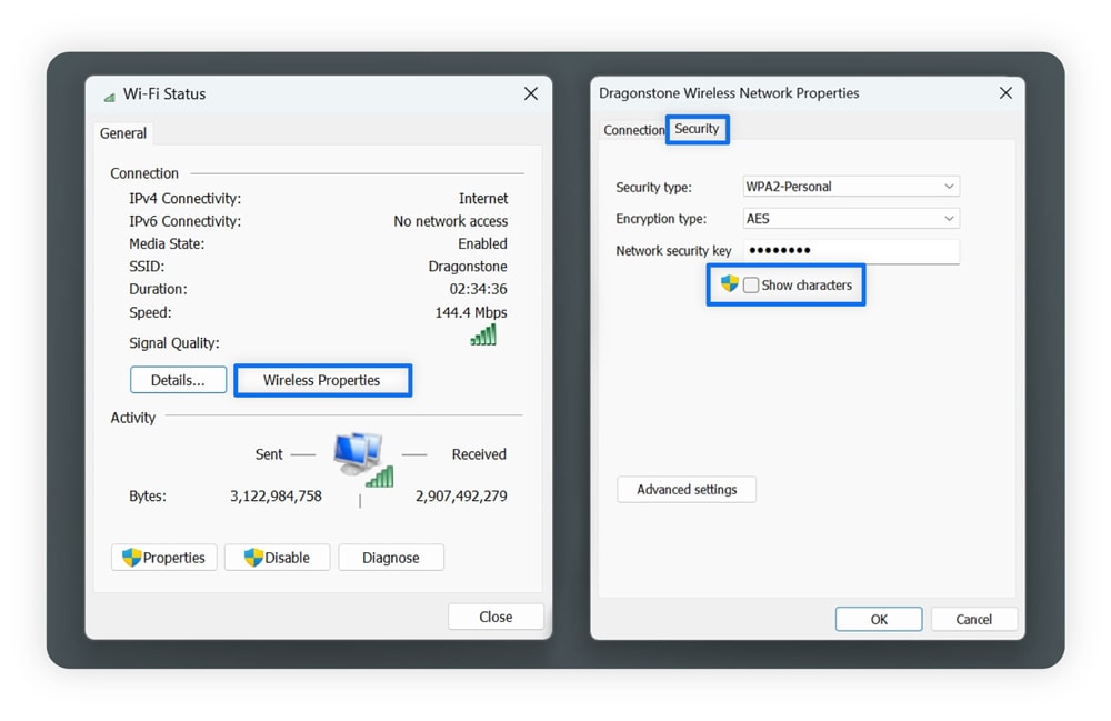 Screenshots showing how to find your network security key on a Windows computer.