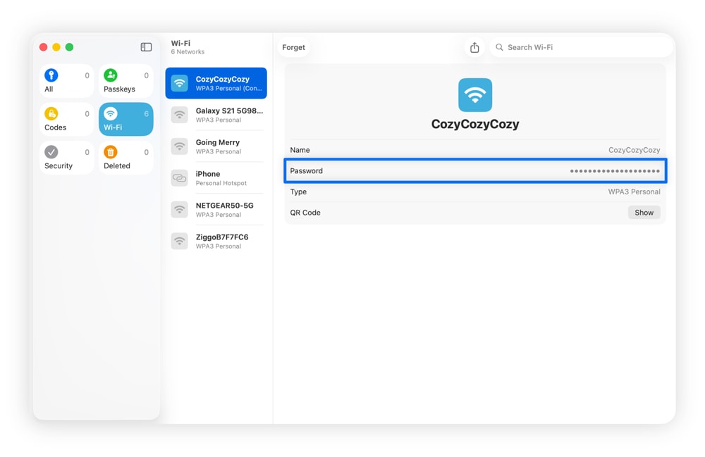 Screenshot showing how to find your network security key on a Mac computer.