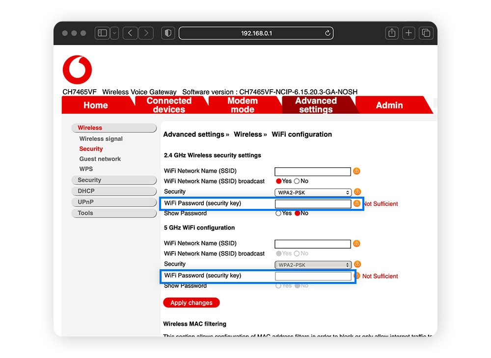 Web browser window with router settings to change Wi-Fi password.