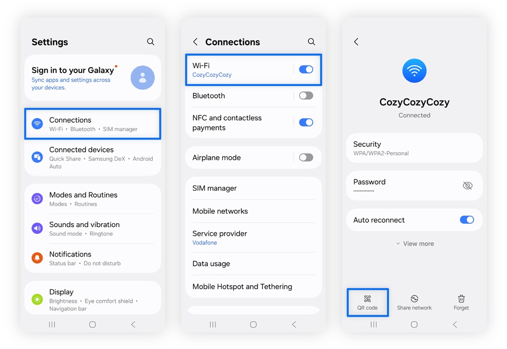 Screenshots showing how to find your network security key on an Android smartphone.
