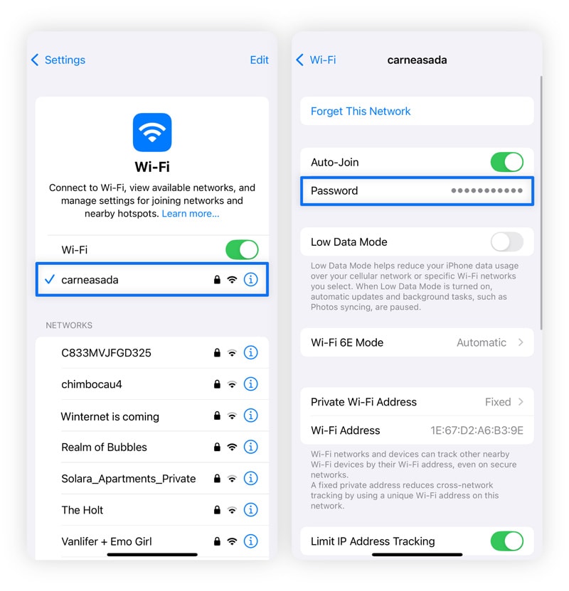 Screenshots showing how to find your network security key on an iPhone.