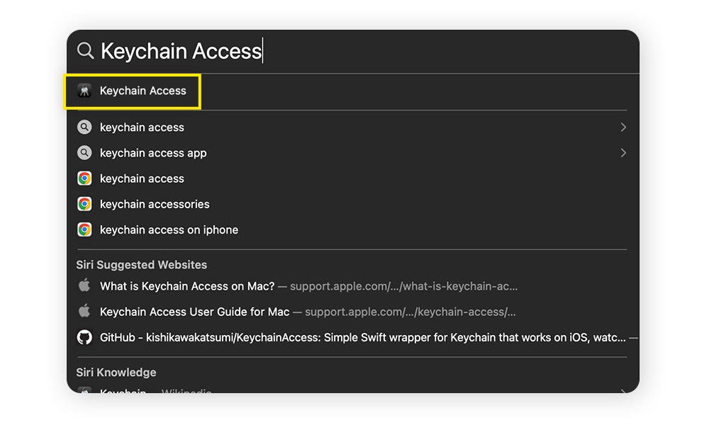Mac search window looking up the words "Keychain Access".