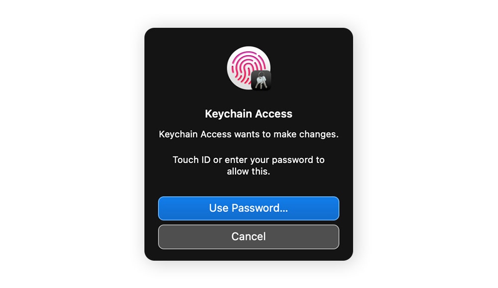 Use Touch ID to verify your identity and reveal the network key, or click Use Password.