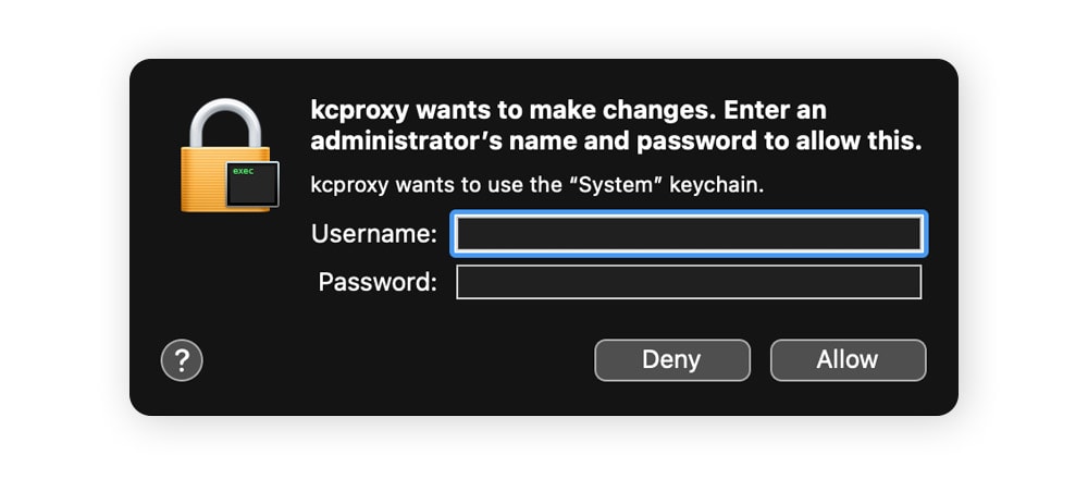 Mac system change permission dialog asking for an administrator's username and password.