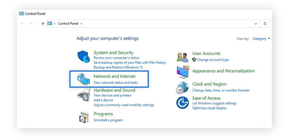  In Control Panel, go to Network and Internet