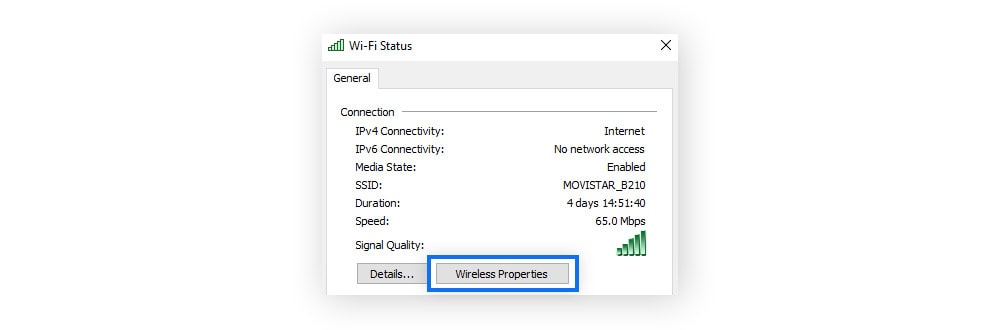 Click Wireless Properties to get to the dialog box with your security key for Wi-Fi