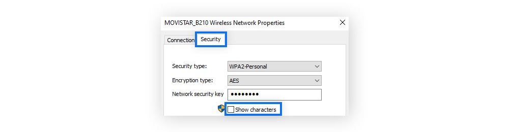  In the Security tab, click the checkbox next to Show characters to reveal your network security code