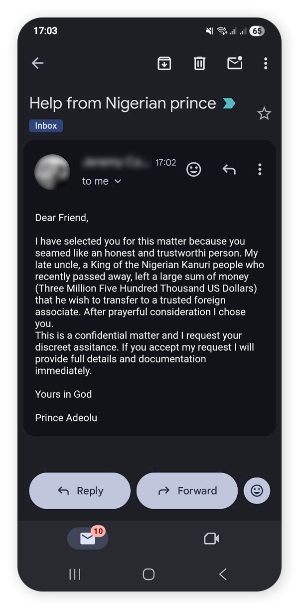 Example of a real-life Nigerian Prince scam email.