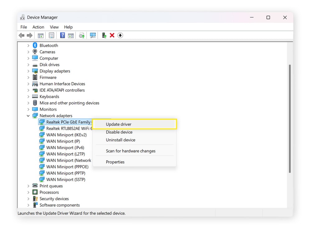 Screenshot showing how to update a driver in Device Manager on Windows.