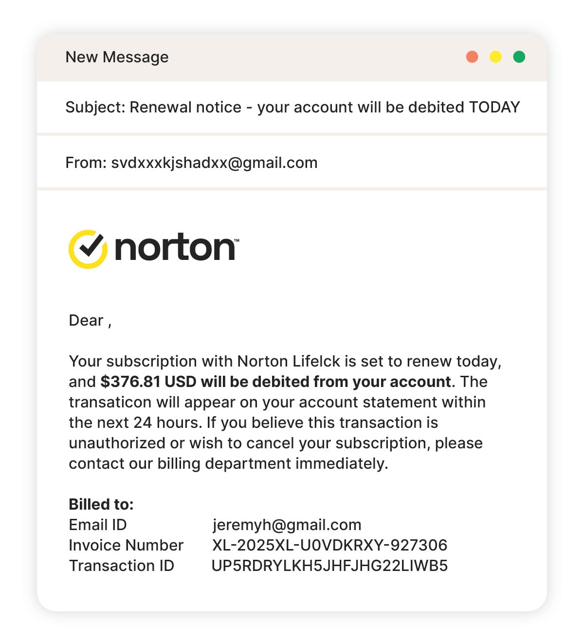 An example of an auto-renewal Norton email scam.