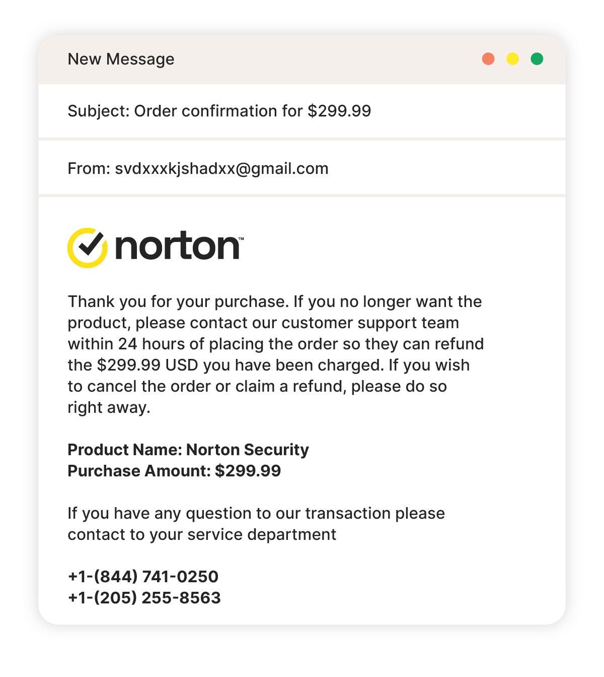 An example of a Norton email payment scam.