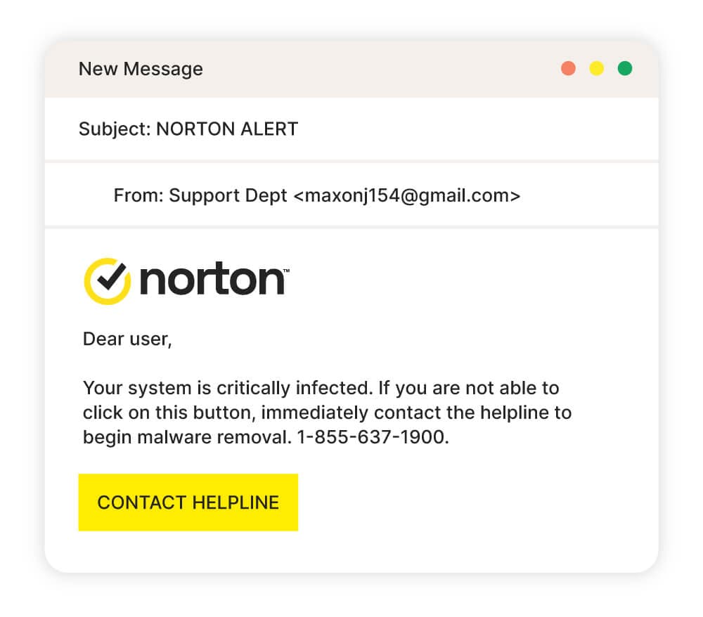 An example of a Norton email tech support scam.