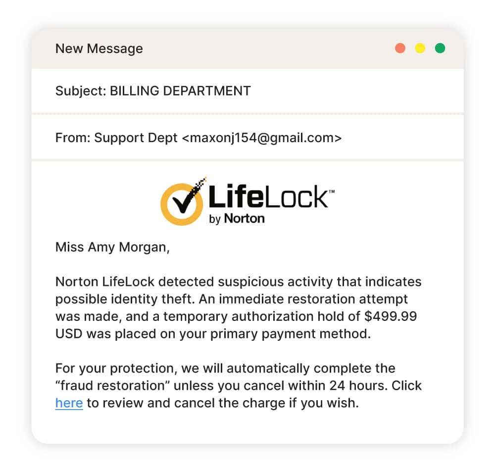 An example of a Norton email stolen identity scam.