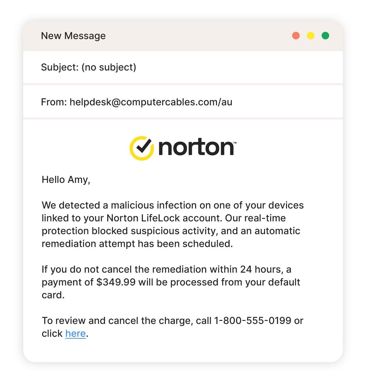 An example of a Norton email infected device scam.