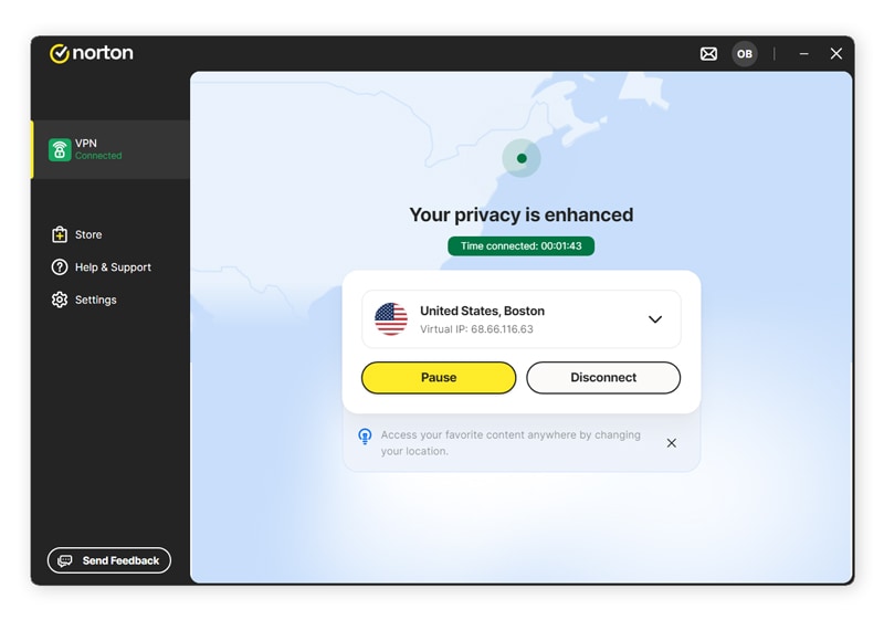 A screenshot of Norton VPN connected to one of the 100+ servers.