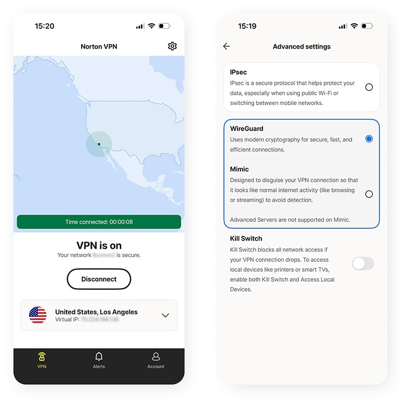 Connecting to Norton VPN via the newly supported WireGuard protocol on an Apple iOS device.