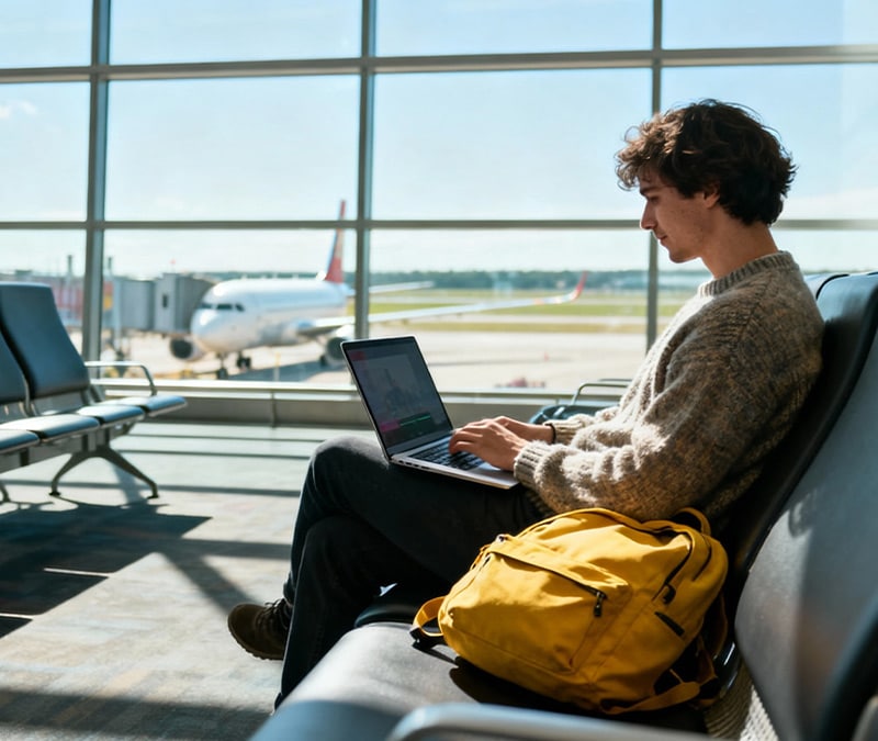 A man using the WireGuard protocol with Norton VPN on a MacBook in the airport.