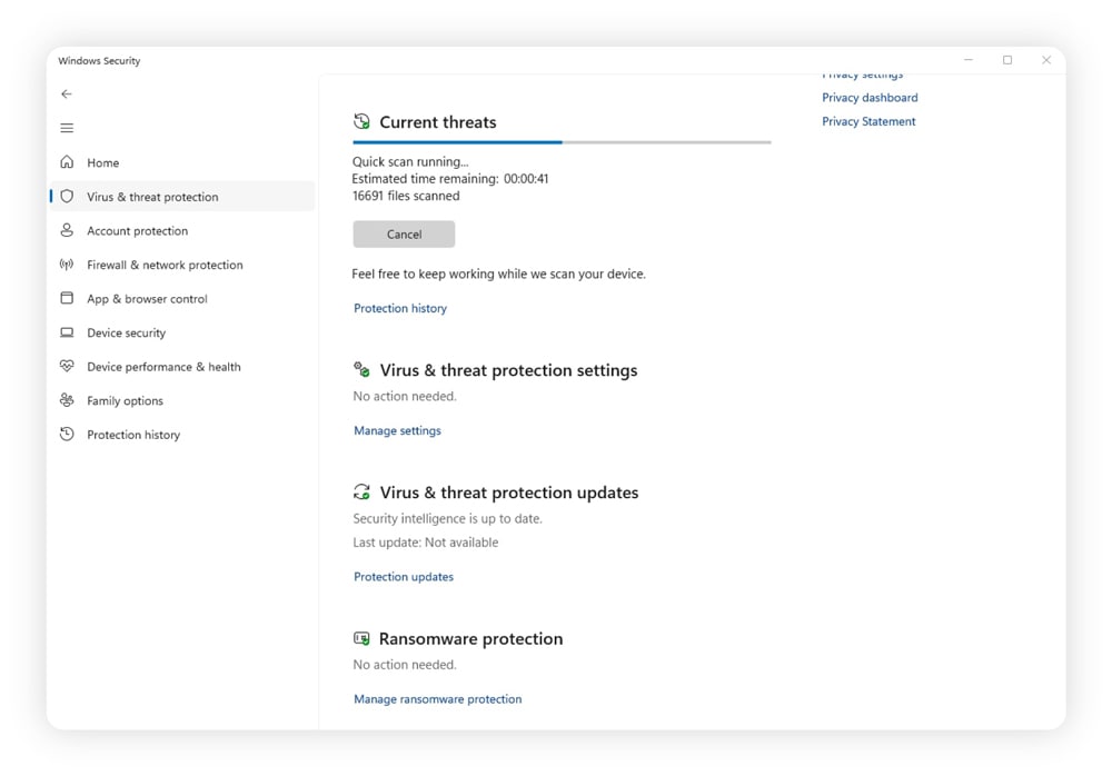 Screenshot of a scan through Microsoft Defender.