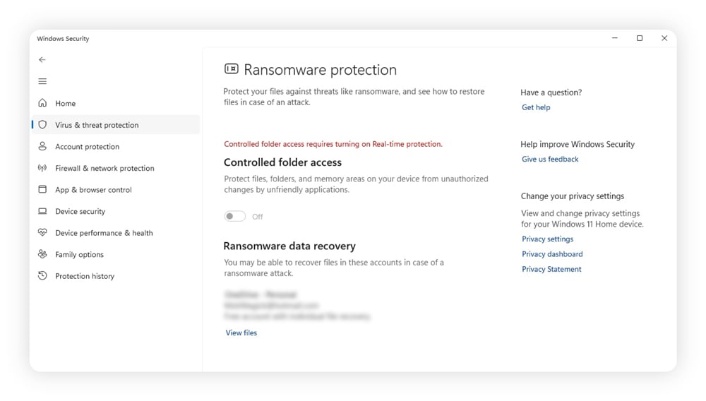 Screenshot of the ransomware protection page on Microsoft Defender.
