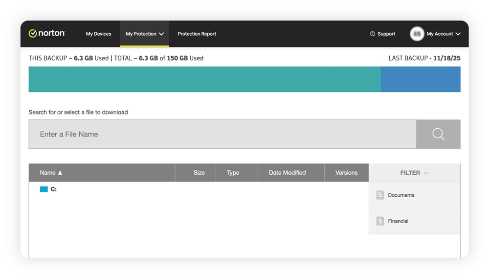 Screenshot of the backup page on Norton.