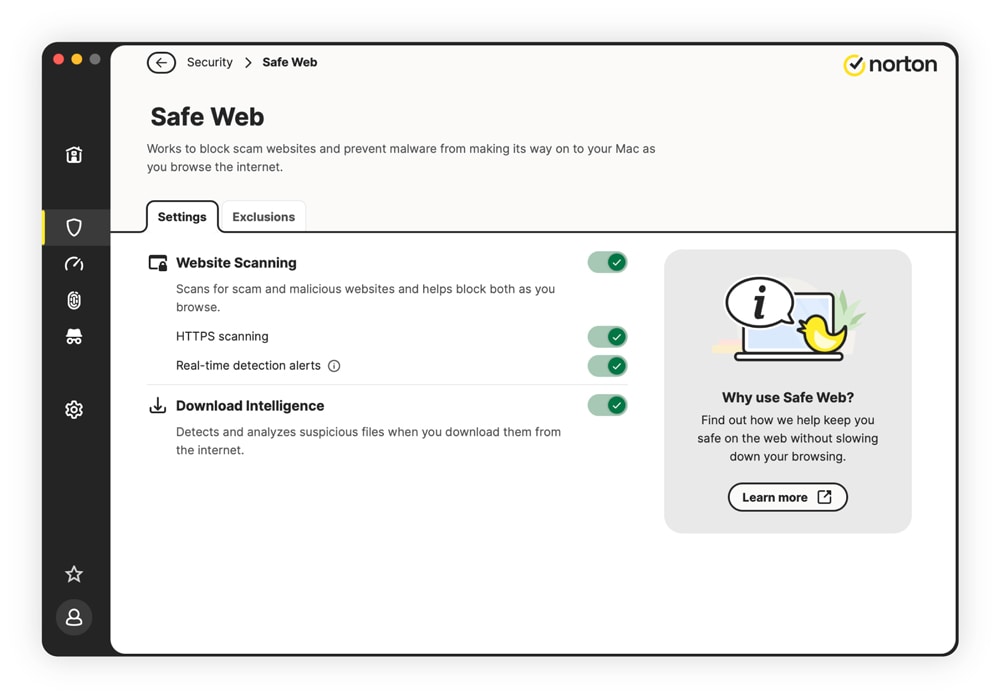 Screenshot of Safe Web settings in the Norton app.