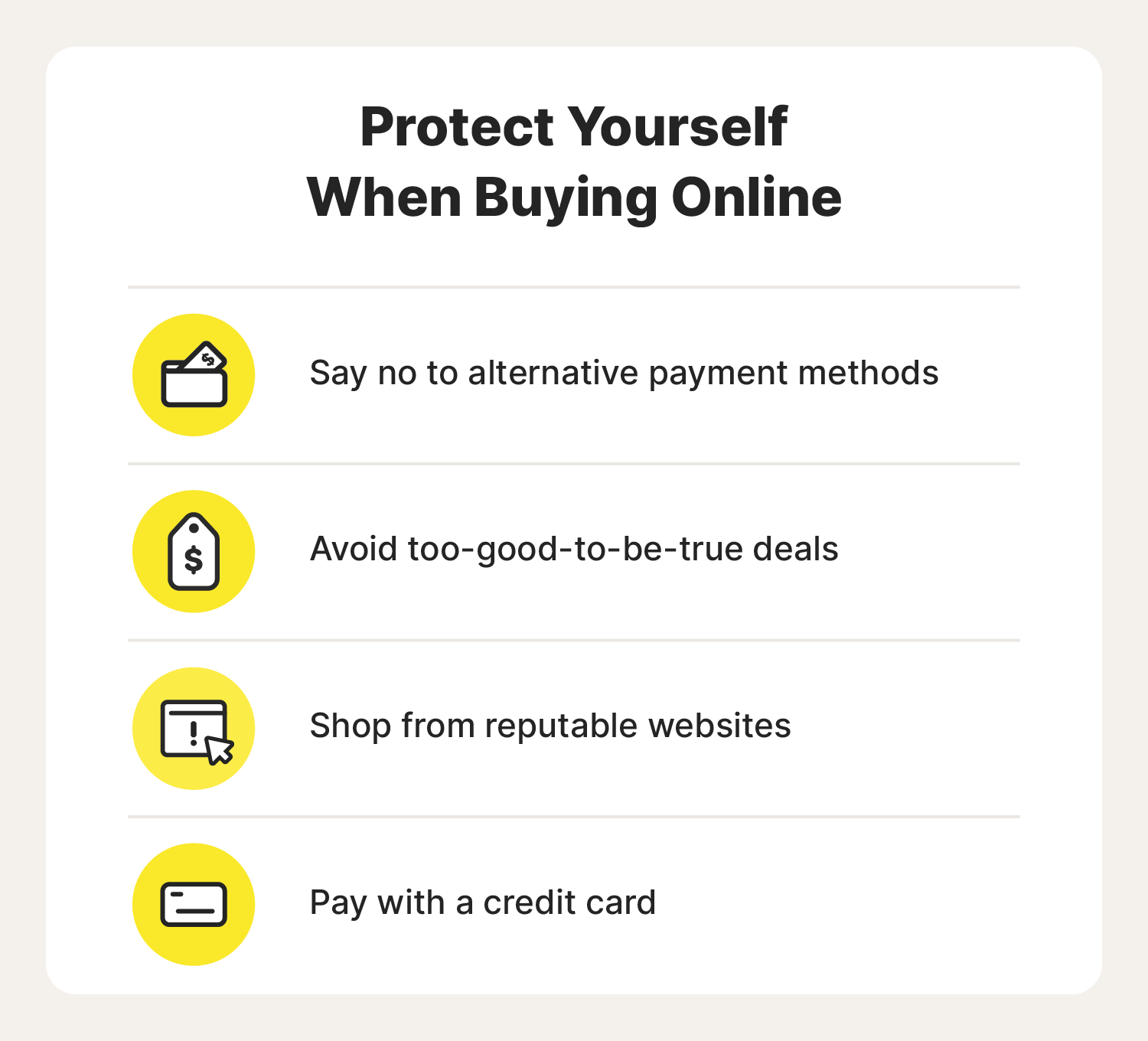 Illustrated chart with tips to help you protect yourself when buying online, including shopping at reputable sites.