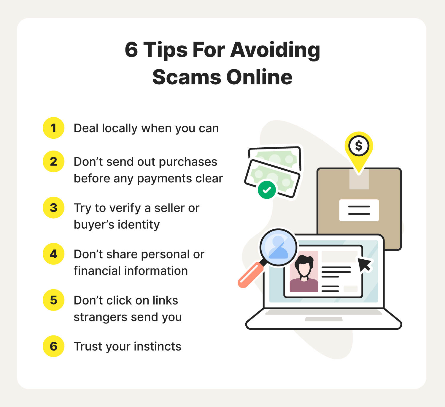Illustrated chart with 6 tips for avoiding scams online, including dealing locally and not sharing personal information.