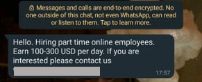 Examples of unsolicited messages from scammers that try to lure their targets with offers of remote work  