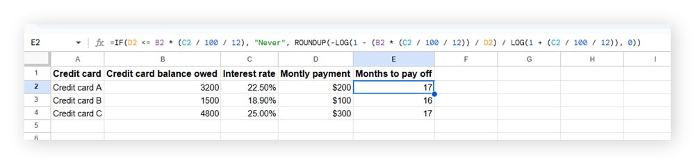 Screenshot of a Google Sheets spreadsheet for keeping track of credit card debt.