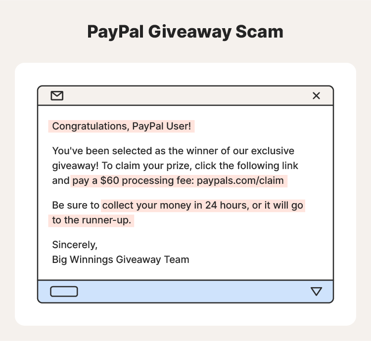 Example of a PayPal giveaway scam message. 