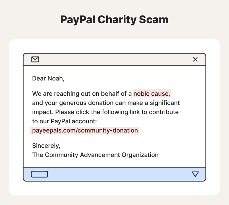 Example of a PayPal charity scam message. 