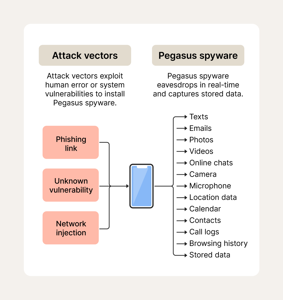 A diagram showing how Pegasus spyware infects devices and the information it can access after installation.