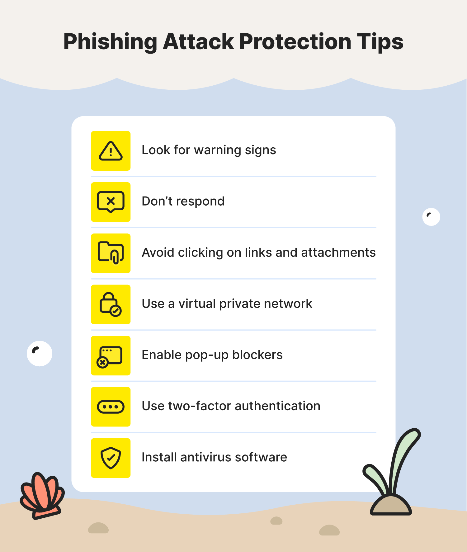 A graphic showcases different cybersecurity tips you can use to avoid different types of phishing attacks.