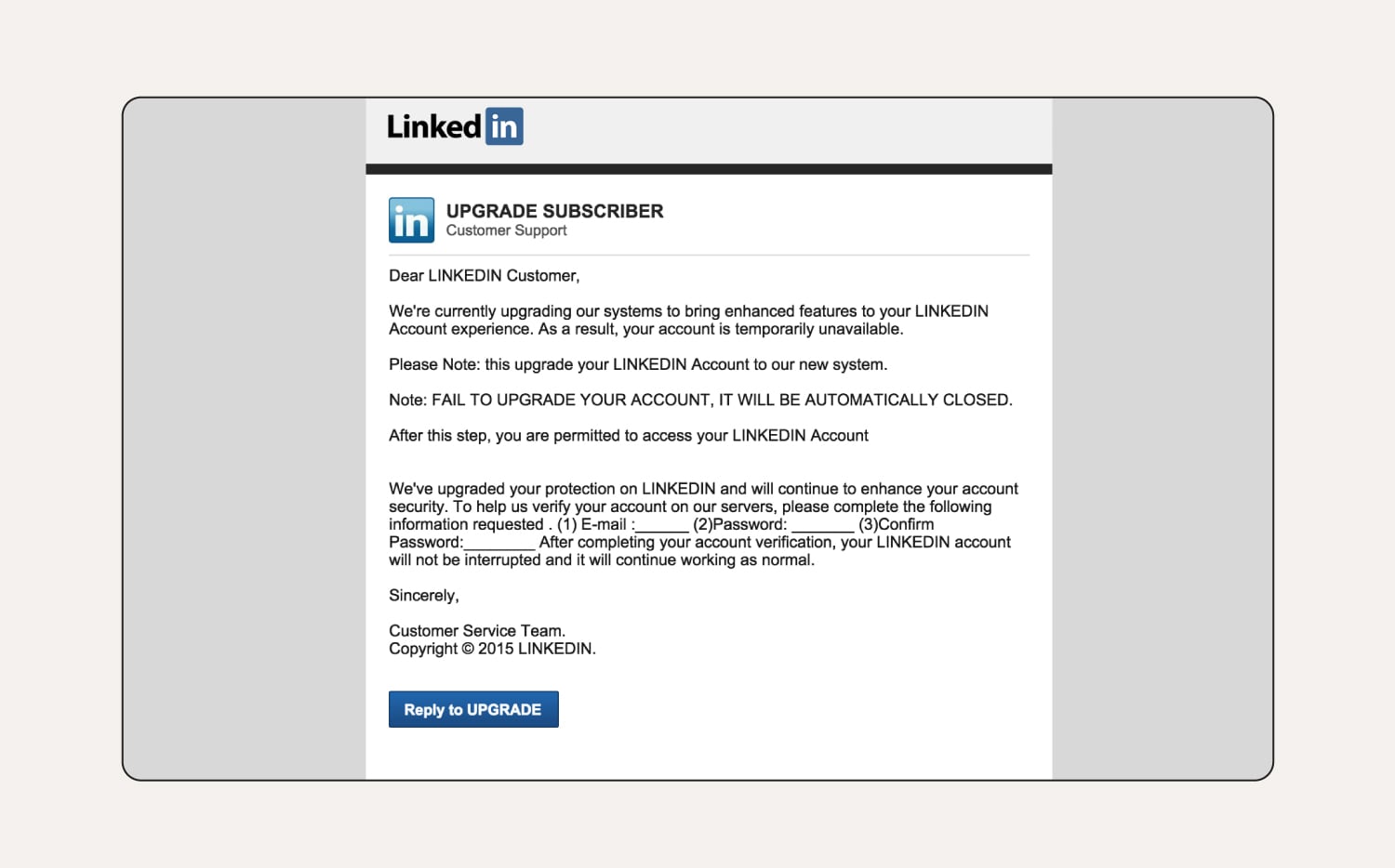 A LinkedIn social media phishing email.