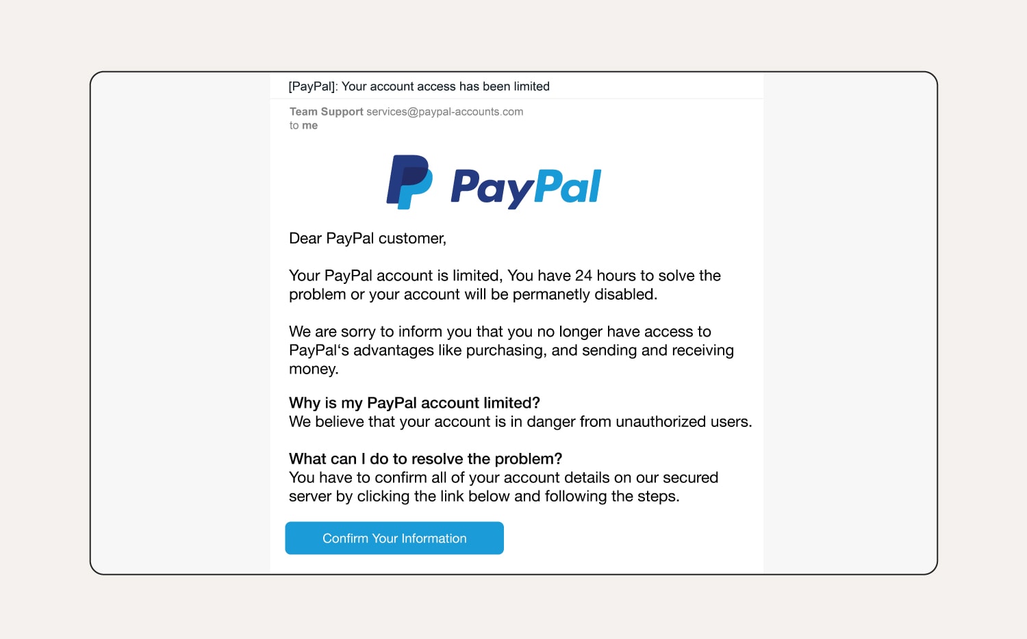 A PayPal phishing email with a malicious link.