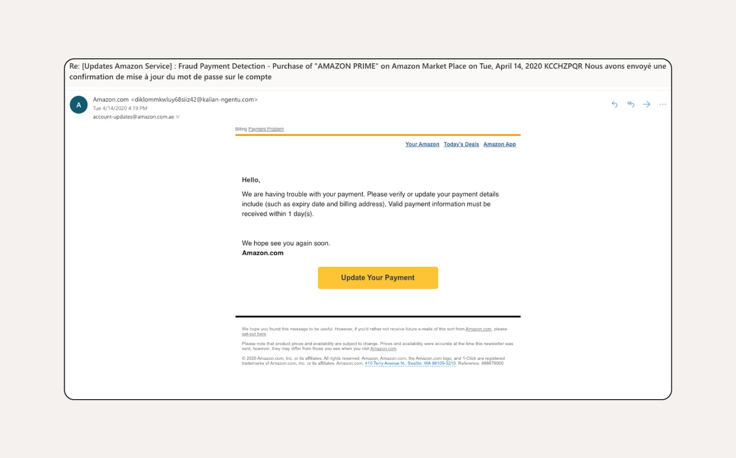 An Amazon phishing email requesting updated payment details.