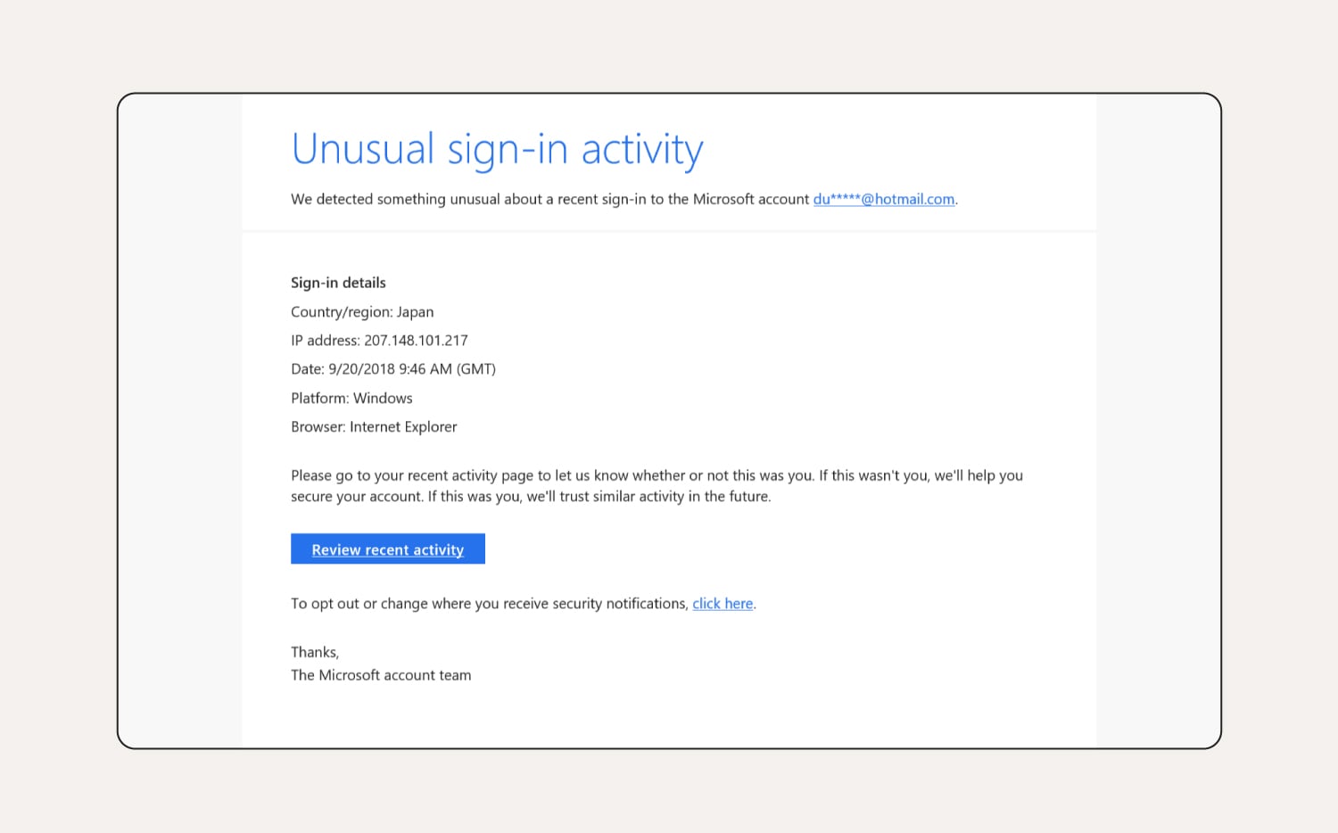 An unusual activity phishing email.