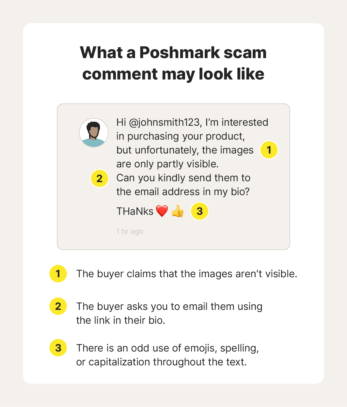 A fictional message depicts what a Poshmark scam comment looks like.