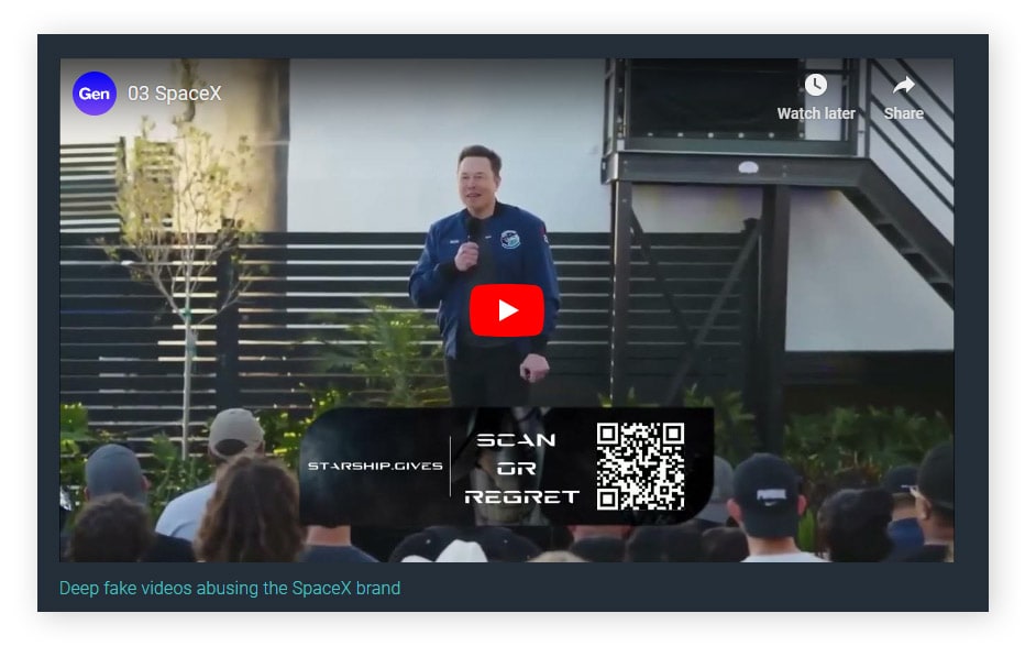 A deepfake video of Elon Musk featuring a quishing QR code