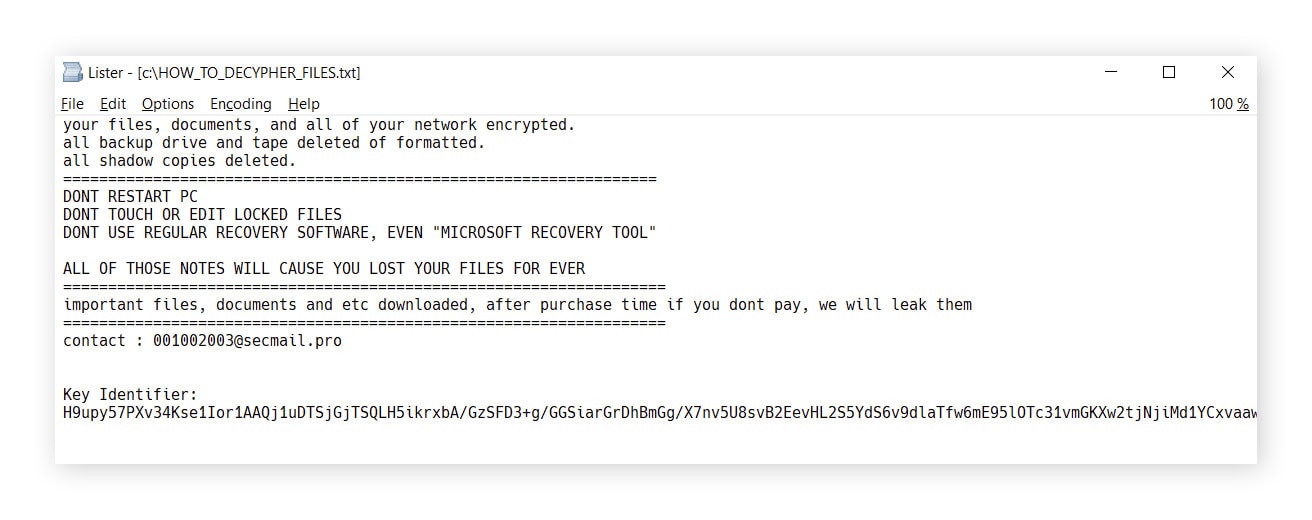 Example of a Prometheus ransom note.