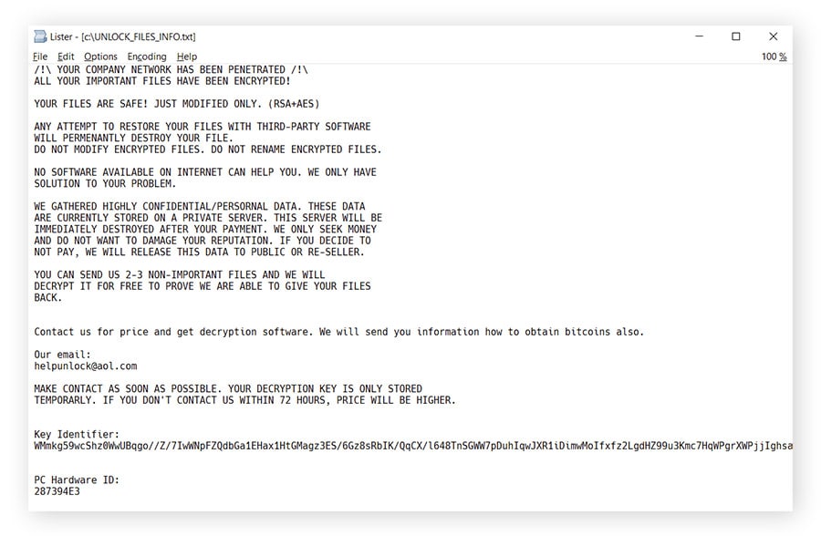 Example of a Prometheus ransom note.