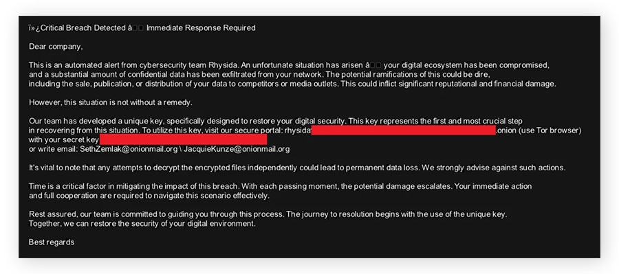 The desktop background set by Rhysida ransomware.