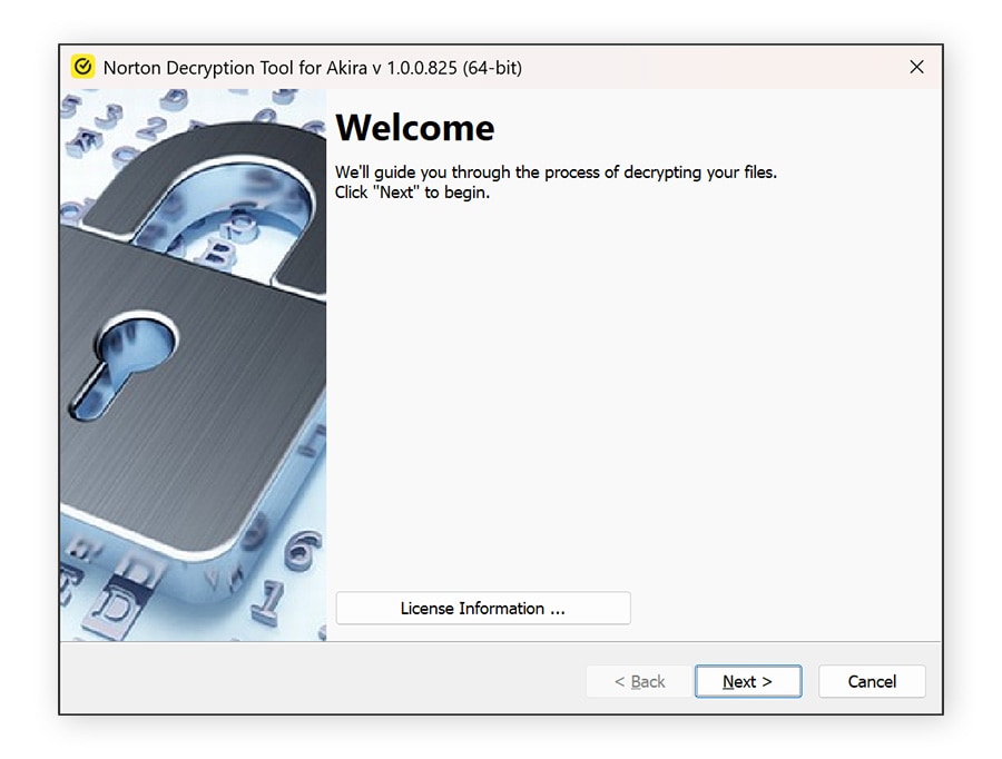 1. Run the decryptor as an administrator, read the license information, and click next.