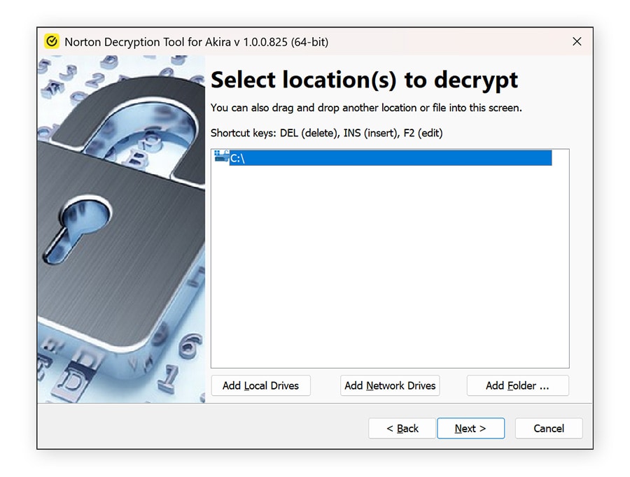 2. Select the locations you want to search and decrypt. By default, you’ll see a list of all local drives.