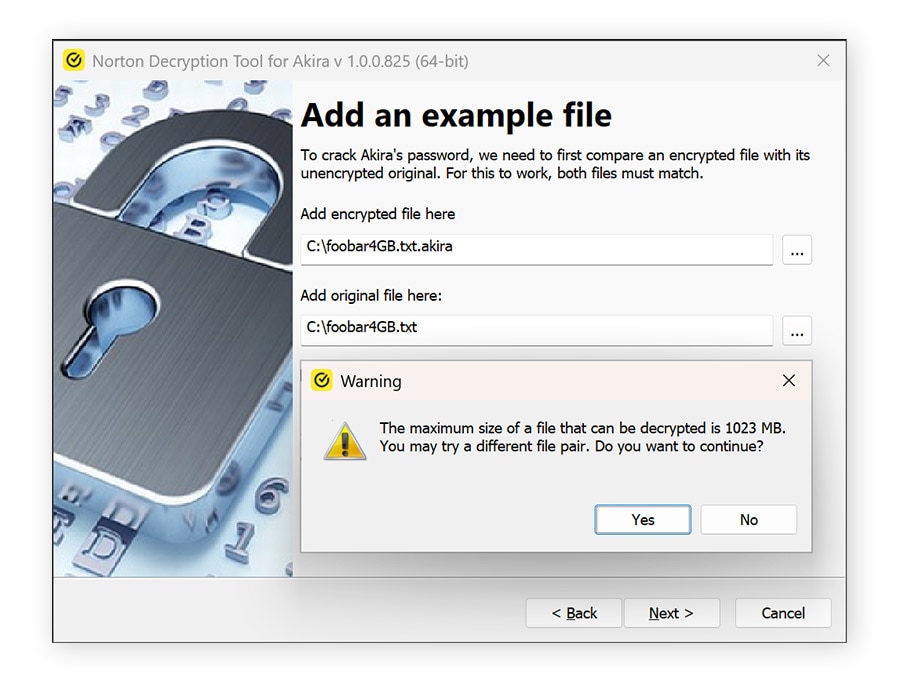 3. Drag and drop an encrypted and unencrypted file pair into the wizard. For some ransomware strains, you’ll want to pick the largest file pair you can find.