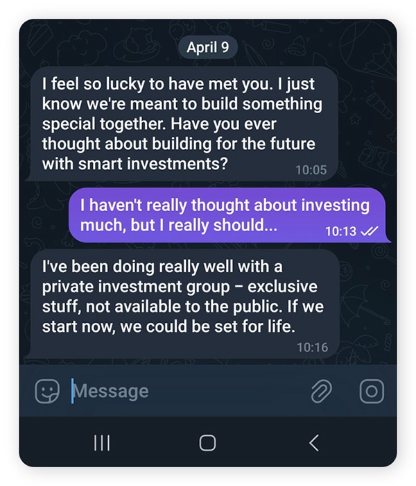 A cryptocurrency romance scam chat exchange.